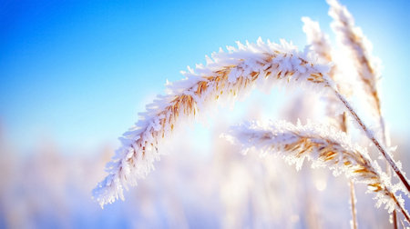 Delicate frosted grass glimmers under the sunlight, showcasing winter's chill and beauty on a clear morning.の素材