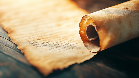 An ancient scroll lies partially unrolled on a dark wooden surface, showing faded handwritten text.の素材