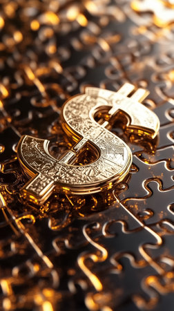A golden dollar sign is placed on a reflective black puzzle backdrop, embodying themes of wealth and opportunity.の素材