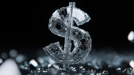 A dollar sign made of transparent material is fragmented, symbolizing the vulnerability of money in uncertain times.の素材