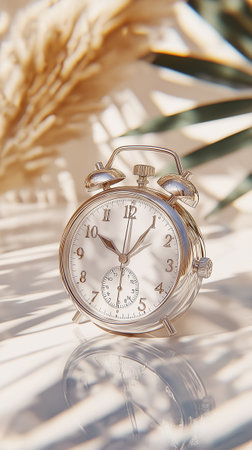 The vintage alarm clock stands out against the natural textures of dried plants, capturing a serene moment.の素材