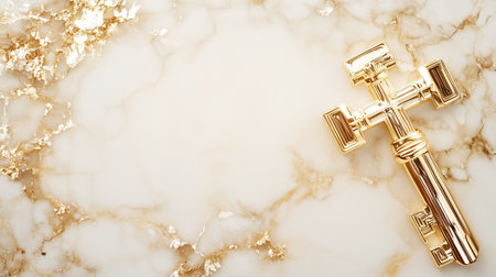 A golden cross is positioned on a marble surface, reflecting soft light and showing intricate designs and textures.の素材