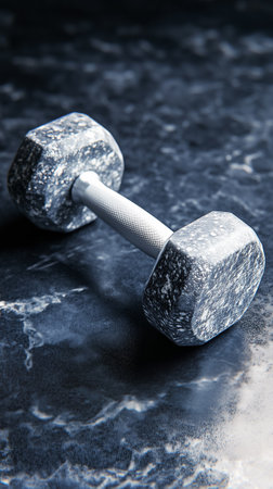 The dumbbell, set on marble, reflects the solid finish and sturdy design, ideal for workouts and strength training.の素材