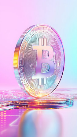A bitcoin coin shines on a reflective surface, lit up by vibrant colors, highlighting cryptocurrency.の素材