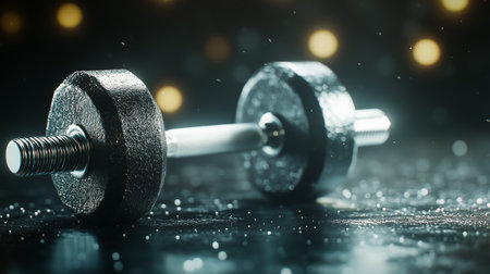 A heavy dumbbell rests on a shiny gym floor, surrounded by soft, sparkling lights, creating a vibrant workout ambiance.の素材
