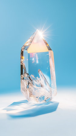 Light dances on a crystal's surface, highlighting its textures and sharp edges in a calm blue setting.の素材