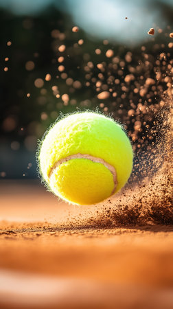 A bright yellow tennis ball strikes the clay surface, sending up a cloud of dust in the warm afternoon light.の素材