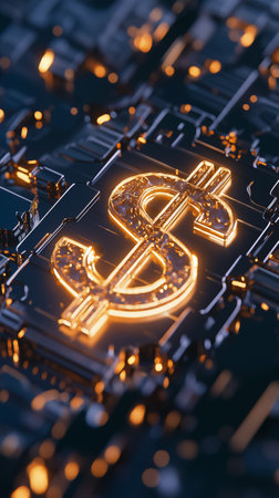 A glowing dollar sign in a circuit board, merging finance and tech in a digital world.の素材