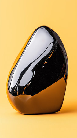 A sleek black stone sculpture stands out against a vibrant yellow background, showing its smooth, reflective surface.の素材