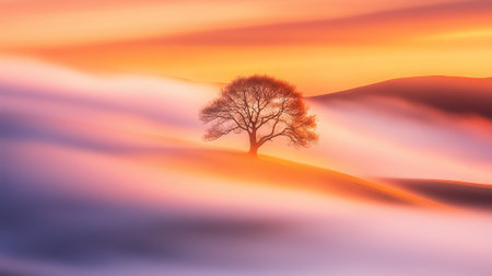 The sun sets behind rolling hills, casting vibrant colors on a solitary tree shrouded in mist.の素材
