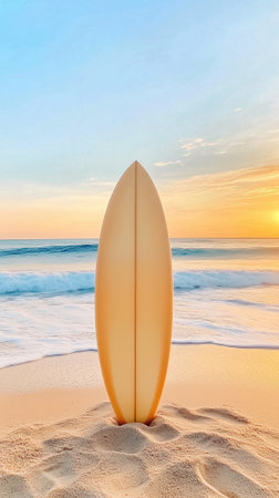 A lone surfboard rests in the sand with gentle waves lapping at the shore during sunset.の素材