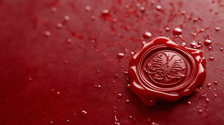 A red wax seal rests on textured paper, showing an intricate design, symbolizing tradition and craftsmanship.の素材