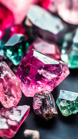 Beautifully cut tourmaline crystals in vibrant shades of pink and green arranged artistically on a dark background.の素材