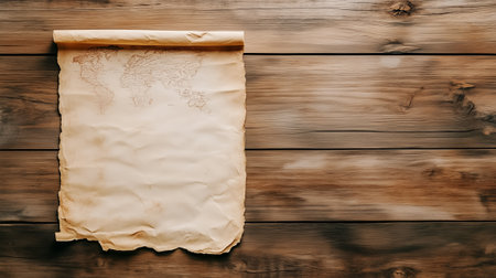 An antique map rests on a rustic wooden surface, inviting thoughts of exploration and journeys through time and space.の素材
