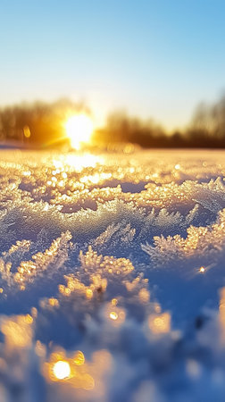 Glittering frost crystals blanket the ground, illuminated by a warm sunset in a tranquil winter setting.の素材