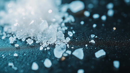 Crystalline salt granules scatter on a dark surface, revealing their textures and reflections in soft light.の素材