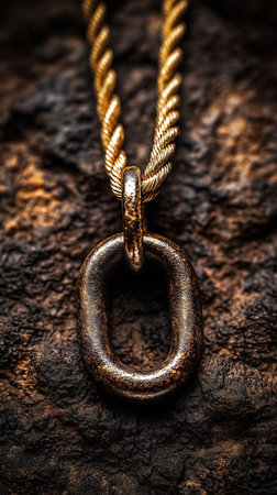 This close-up showcases a vintage golden chain adorned with a distinct oval pendant against dark wood.の素材