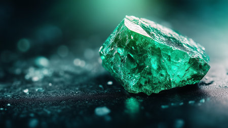 A striking green crystal rests on a dark background, capturing light and showing its unique clarity and texture.の素材