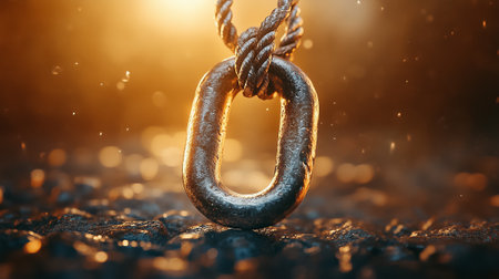 A sturdy metal link dangles from woven rope, illuminated by soft light during sunset, casting dramatic shadows.の素材