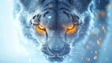 A powerful feline approaches with glowing eyes, surrounded by a snowy landscape under soft dusk light.の素材