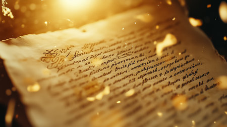 A stunning manuscript showcases elegant handwriting, illuminated by a soft glow that enhances its historical charm.の素材