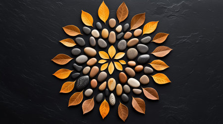 The display features smooth pebbles and vibrant autumn leaves arranged in a symmetrical mandala pattern.の素材