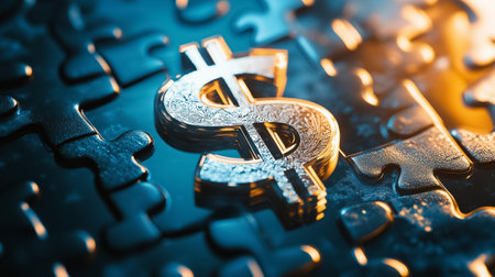 A shiny dollar sign on interlocking puzzle pieces highlights the complexity of financial issues and solutions.の素材