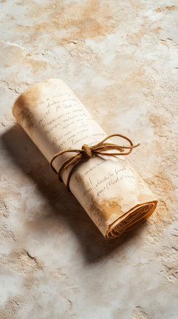 An old scroll secured with twine lies on a weathered surface, featuring faded, handwritten text that evokes history.の素材