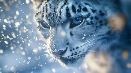 The snow leopard focuses intently as snowflakes swirl around its striking features in a tranquil winter setting.の素材