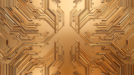A detailed circuit board design in gold featuring complex patterns and connections representing technology.の素材