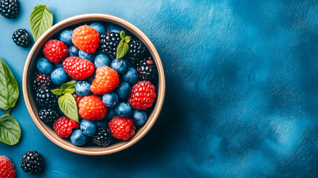 A bowl filled with fresh raspberries, blueberries, and blackberries surrounded by mint leaves on a blue surface.の素材
