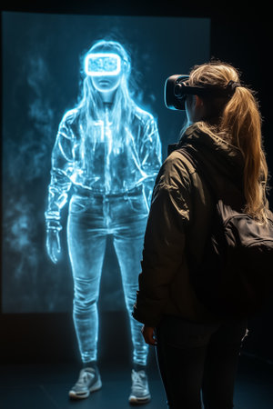 Engaged in virtual reality, one person interacts with a vivid holographic figure at a modern exhibition.の素材