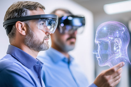 Two men in augmented reality glasses engage with a holographic representation of a human head in a tech environment.の素材