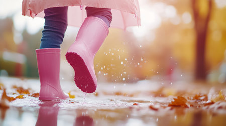 A child splashes in puddles in bright pink boots on a rainy day amid colorful autumn leaves.の素材