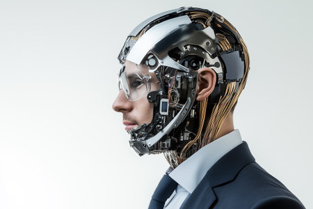 A robot head with metallic features in a business suit symbolizes innovation in technology.の素材