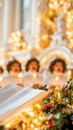 Children in white robes sing carols by candlelight, celebrating the holiday season in a warmly lit setting.の素材