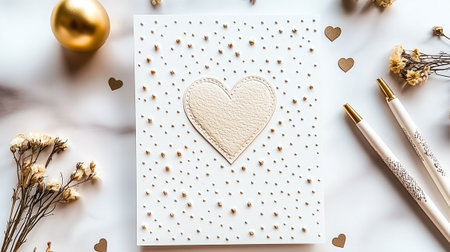 A gorgeous greeting card with a textured heart design and gold accents, surrounded by dried flowers.の素材