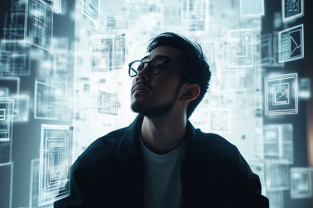 A man gazes thoughtfully at floating data visualizations in a modern tech setting.の素材