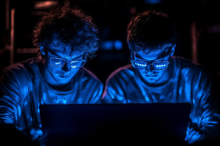 Two people are intently working on a laptop while illuminated by a striking blue glow, highlighting their concentration.の素材