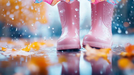 A child wearing pink rain boots enjoys splashing in puddles while colorful autumn leaves surround the playful scene.の素材