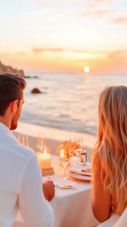 A couple enjoys a candlelit dinner on the beach while watching the sun dip below the horizon.の素材