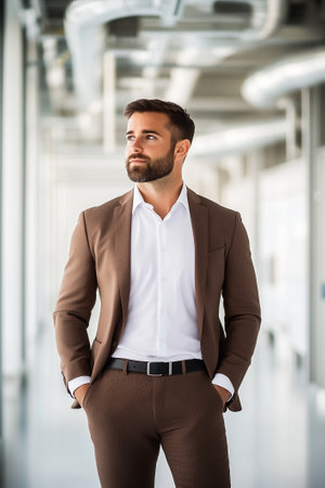 A well-dressed man stands in a contemporary office, exuding confidence while contemplating his next steps.の素材
