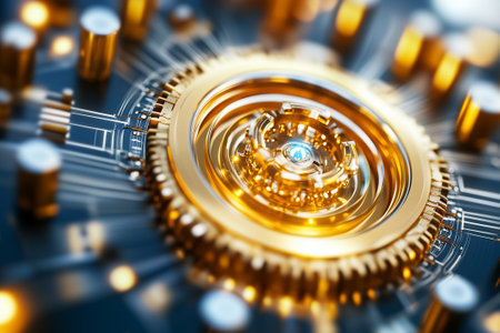 A detailed depiction of a golden cogwheel set against a circuit board, highlighting technological advancement.の素材