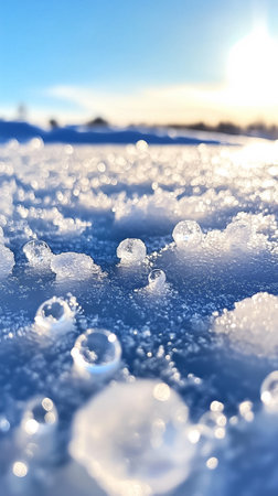 Frozen droplets scatter across the snowy landscape under bright sunlight in a serene winter setting.の素材