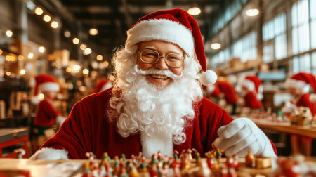 A cheerful Santa Claus engages with colorful toys in a bustling holiday workshop filled with festive decorations.の素材