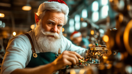 An artisan with a white beard and festive hat meticulously crafts toys, surrounded by holiday decorations.の素材