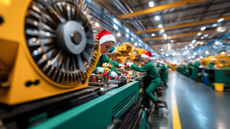 Workers in holiday hats assemble electronics, showcasing teamwork in a factory this December.の素材