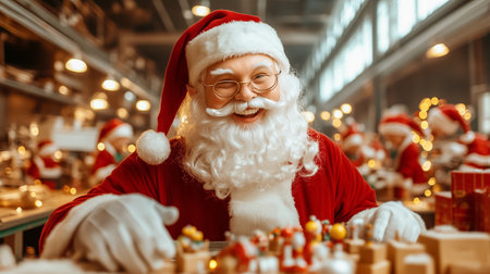 A jolly Santa Claus engages in gift preparation surrounded by a lively workshop full of holiday spirit.の素材