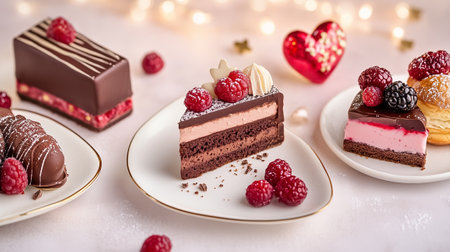 A variety of chocolate and raspberry desserts are beautifully arranged on elegant plates with festive decorations.の素材