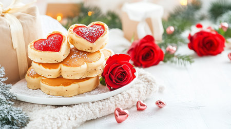 Heart-shaped cookies with fruit preserves are beautifully paired with red roses at a cozy winter gathering.の素材